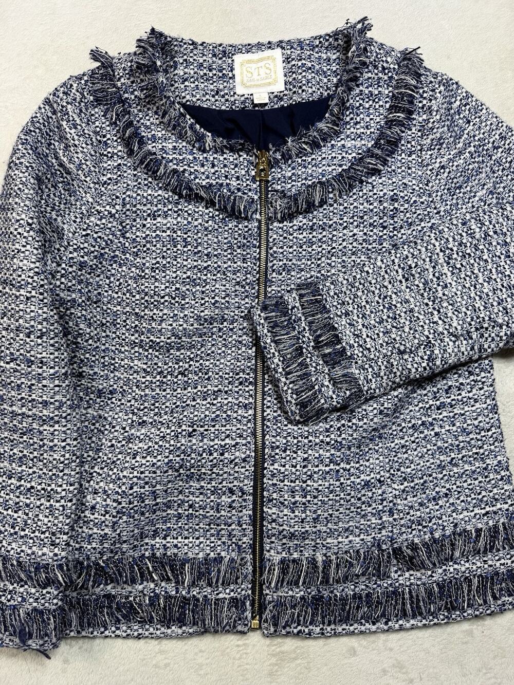 Sail to Sable Tweed Jacket Fringe Collarless Full Zip Blue White Coastal Sz Lg